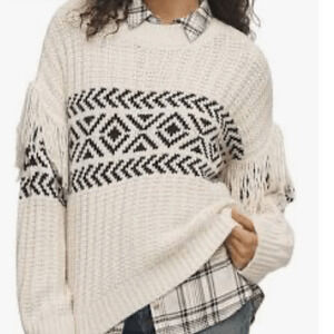 NEW! sanctuary Aztec Sweater fringe White and Black Patterned Sweater